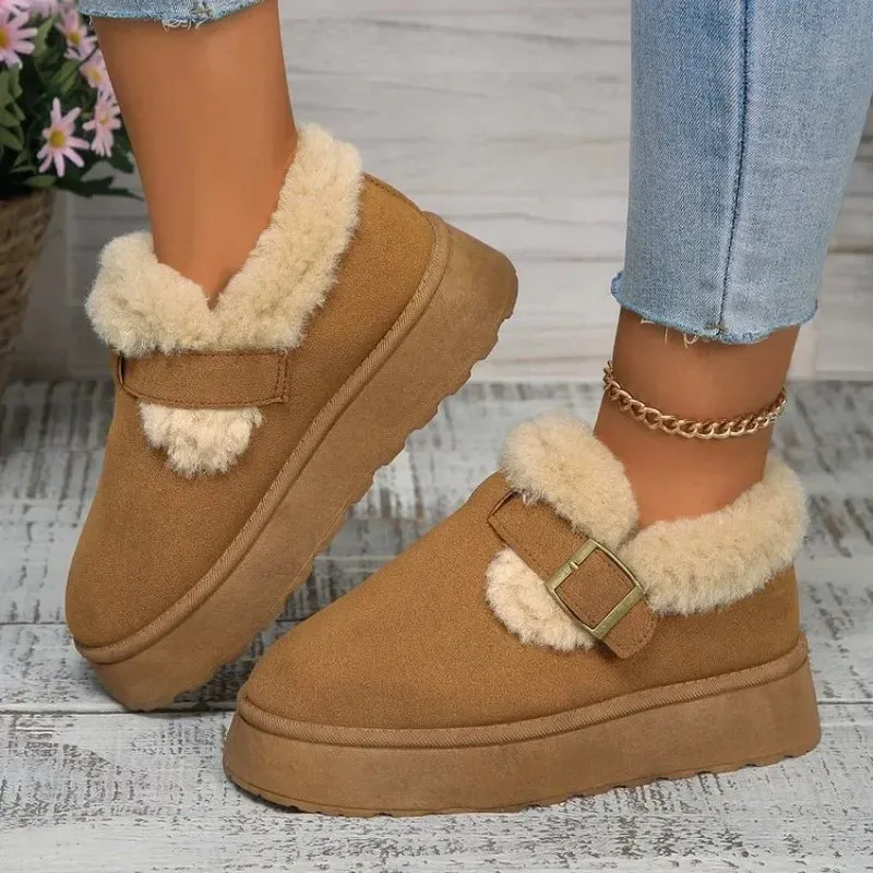 2024Fashion Plush Flat Shoes Women Suede Round Toe Solid Color Women Snow Boots Warm Flat Non-slip Women Ankle Boots Botas Mujer